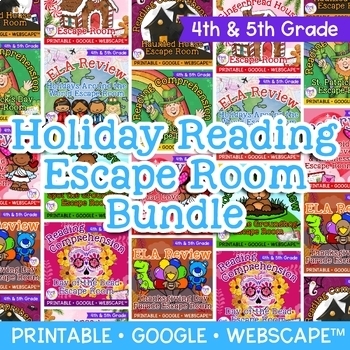 Preview of Holiday Escape Room Bundle 4th 5th Grade Reading Activity Valentines Ground Hog