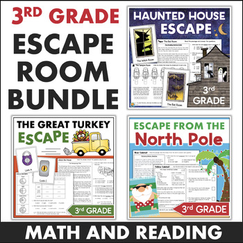 Preview of Holiday Escape Rooms Math ELA Bundle 3rd Grade Halloween Thanksgiving Christmas