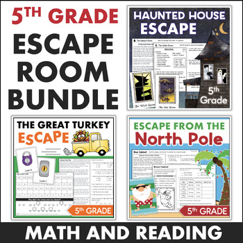 Preview of Holiday Escape Rooms Math ELA Bundle 5th Grade Halloween Thanksgiving Christmas