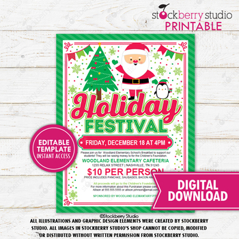 Holiday Festival Flyer Printable Christmas School Fundraiser Invitation ...