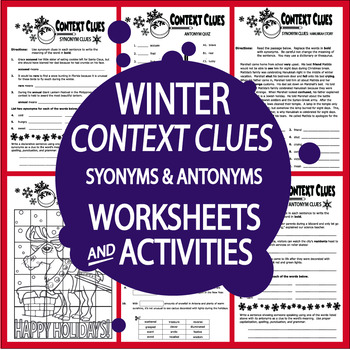 Preview of Winter Context Clues Activities–Synonym & Antonym Worksheets + Reindeer Activity