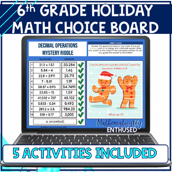 Preview of Holiday Math Choice Board Self-Checking Activities for 6th Grade