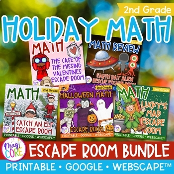 Preview of Holiday Math Escape Room Bundle 2nd Grade Printable Digital Valentine's Day