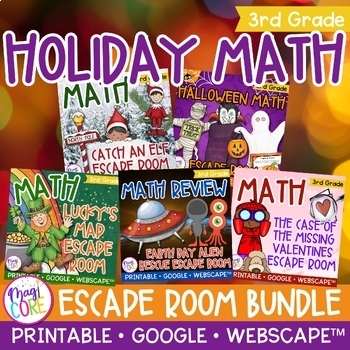 Preview of Holiday Math Escape Room Bundle 3rd Grade Printable Digital Valentine's Day