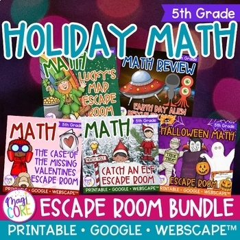 Preview of Holiday Math Escape Room Bundle 5th Grade Digital Valentines Day