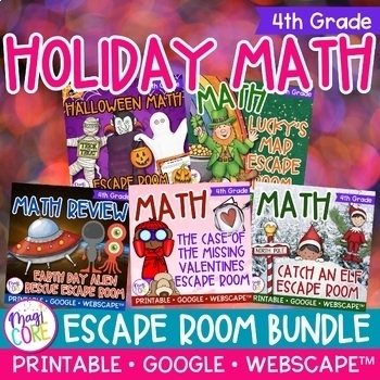 Preview of Holiday Math Escape Room Bundle 4th Grade Print & Digital Valentines Day