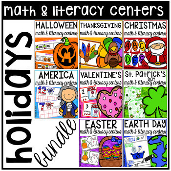 Preview of Holidays Math and Literacy Centers BUNDLE for Preschool, Pre-K, & Kindergarten