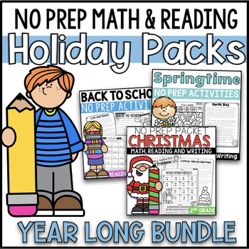 Preview of Holiday Math and Reading No Prep Bundle | 2nd Grade Year Long Spiral Review