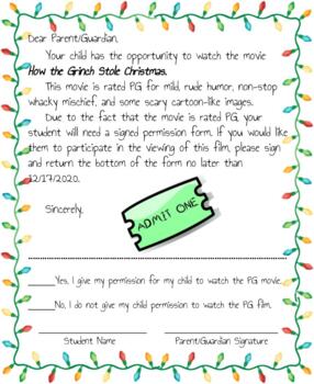 Preview of Holiday Movie Permission Slip