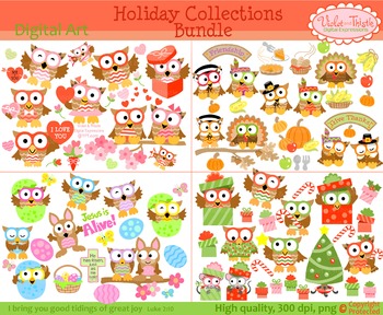 Preview of Holiday Owl Clipart Christmas Valentines Thanksgiving Clip art BUNDLE
