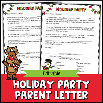 Preview of Holiday Party Letter to Parents, Editable Parent Letter, Holiday Class Party