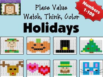 Preview of Holiday Place Value Watch, Think, Color Bundle