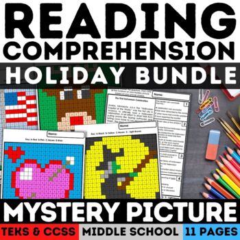 Preview of Holiday Reading Comprehension Mystery Picture ELA Coloring Sheets Fun Activities