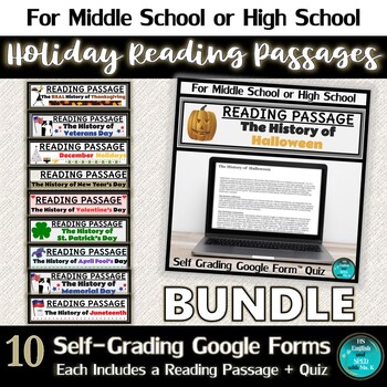 Preview of Holiday Reading Comprehension Passage & Quiz BUNDLE | 10 Google Forms for MS HS