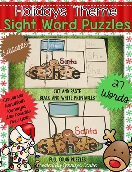 Preview of Holiday Sight Word Puzzles EDITABLE