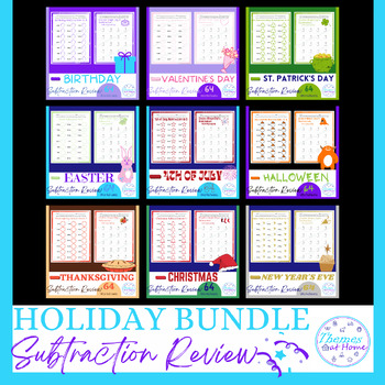 Preview of Holiday Subtraction Review Worksheets Bundle