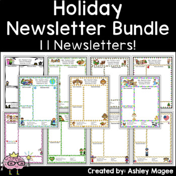 Preview of Holiday Themed Classroom Newsletter Templates - A Set of 11 Editable Newsletters