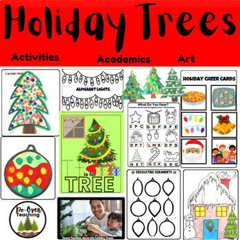 Preview of Holiday Trees Christmas Game Academic Activities Art Writing Circle Math Photos