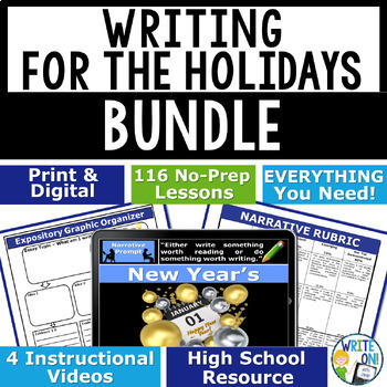 Preview of Holiday Writing Prompts Essay Lessons w/ Graphic Organizers - High School Bundle