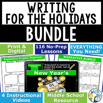 Preview of Holiday Writing Prompts Essay Lessons w/ Graphic Organizers Middle School Bundle