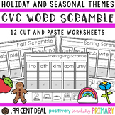 Holiday and Seasonal CVC Word Scramble Cut and Paste Worksheets