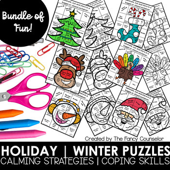 Preview of Holiday and Winter Themed Calming Strategies Coping Skills Puzzle Activities