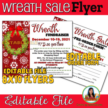 Preview of Holiday Wreath Sale fundraiser Event Flyer & Order Form - Editable PTA, PTO