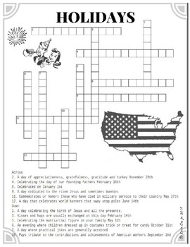 Preview of Holidays American Crossword Puzzle Worksheet