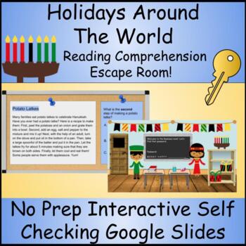 Preview of Holidays Around The World Digital Escape Room Reading Comprehension Grades 4-6