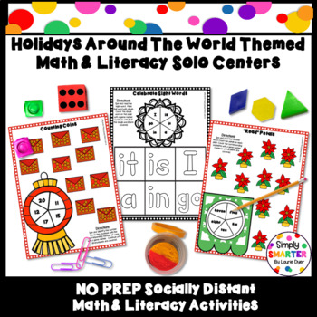 Preview of Holidays Around The World Math & Literacy Social Distanced Kindergarten Centers