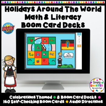Preview of Holidays Around The World Themed Math And Literacy Boom Card™ Decks