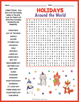 HOLIDAYS AROUND THE WORLD Word Search Puzzle Worksheet Activity | TpT
