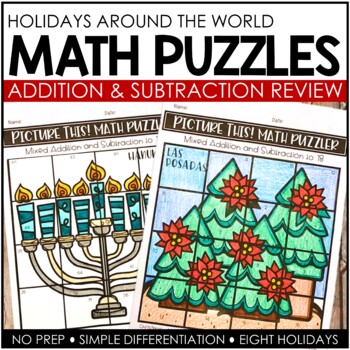 Preview of Holidays Around the World Math Puzzles | Christmas Winter Math Worksheets