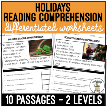Preview of Holidays Simplified Reading Comprehension Worksheets