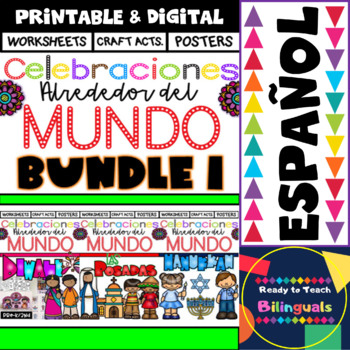 Preview of Holidays around the World in Spanish- Bundle 1 - Worksheets - Crafts & Posters