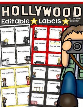 Preview of Hollywood Movies Theme Classroom Labels Decorations Editable