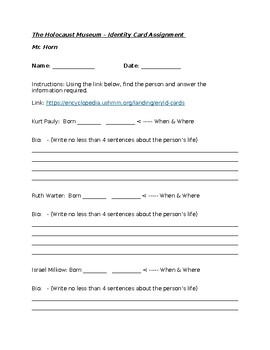 Preview of Holocaust Identity Card - Online Worksheet Activity