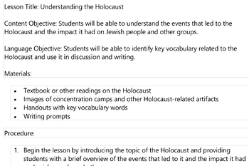 Preview of Holocaust Lesson Plan SIOP format grade 10