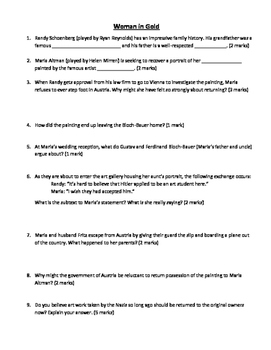 Preview of Holocaust - The Woman in Gold Film Question Sheet