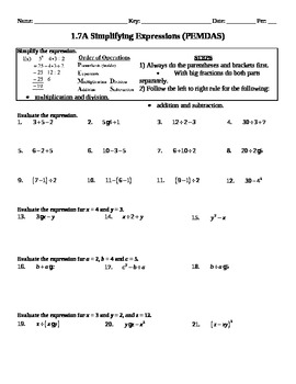 Holt Algebra 1.7A Simplifying Expressions (Pemdas) Worksheet (Doc & Pdf)