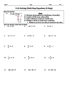 Holt Algebra 2.3A Solving Multi-Step Equations (3-step) - Worksheet (DOC & PDF)