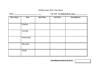 Home Chore Job Time Sheet by Ashley Ramos | Teachers Pay Teachers