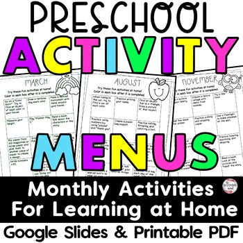 Preview of Learn At Home Monthly Preschool Activity Menus