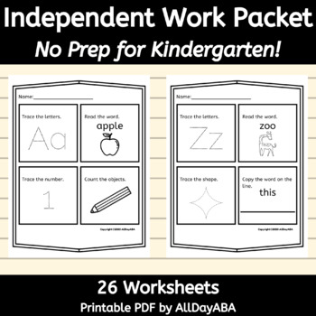 Preview of Independent Work Kindergarten Packet - No Prep Worksheets for Tracing, Counting