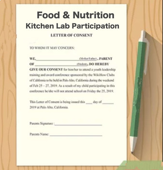 Preview of Home Letter / Parental Consent Form, Food & Nutrition Course