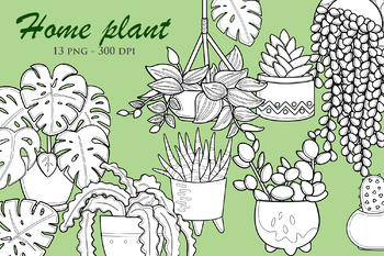 Preview of Home Plant Cactus Monstera Pothos Green Nature-Black White Outline-Digital Stamp
