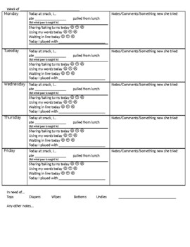 Home/School log sheets for ECE/Special Education Classroom/Childcare