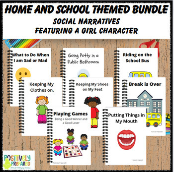 Preview of Home and School Themed Social Narrative Bundle - featuring a girl character
