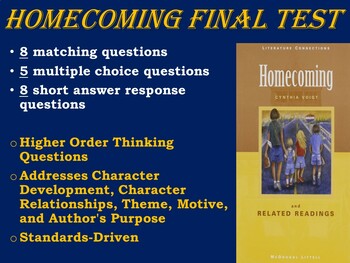 Preview of Homecoming ELA Final Test (Matching, Multiple Choice, & Short Answer Response)