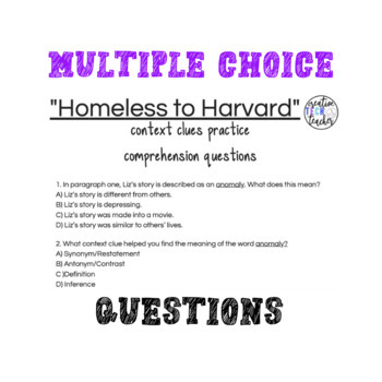 Homeless To Harvard Reading Comprehension Context Clues Quiz Tpt